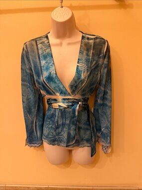 Spectacular 100% silk Italian Blue Sheer Wrap Blouse Handcrafted NWT OS